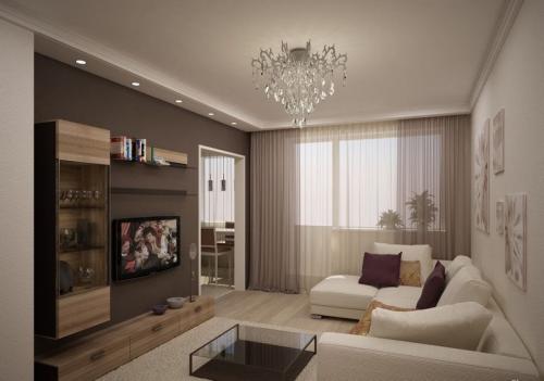 Сочетание голубого и коричневого в интерьере. Гостиная комната 30