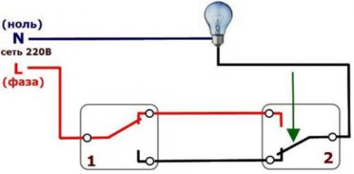 Два обычных выключателя на одну лампу. Схема проходного выключателя с двух мест