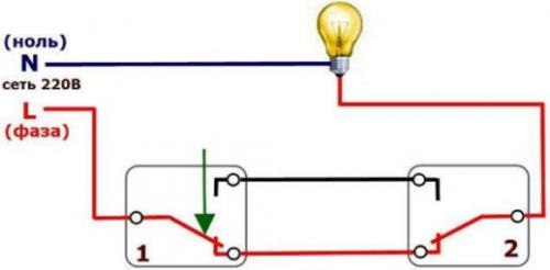 Два обычных выключателя на одну лампу. Схема проходного выключателя с двух мест