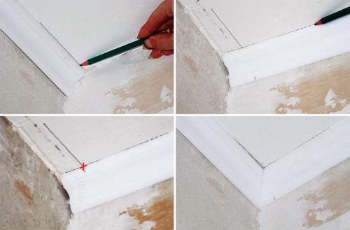 Плинтуса потолочные, как правильно резать угол. Монтаж багет в углу с использованием стусла 04