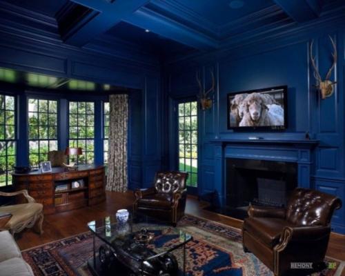 Какие аксессуары добавить в комнату для дополнительной гармонии со синим цветом. Благородная гостиная