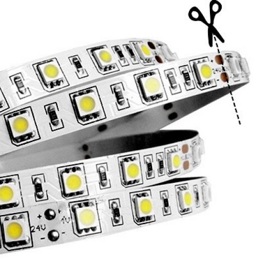 Монтаж светодиодной ленты на улице. Сила света ленты зависит от числа диодов, расположенных на 1 метре, то есть, плотности светодиодов на ленте. Она может сильно различаться, и находится В пределах от 30 до 240 штук. Величина каждого светодиода указана на ленте. Чем больше это значение, тем выше сила света. В мощных моделях лент диоды расположены В несколько рядов. Стандартный отрезок светодиодной ленты равен 5 метрам, а В торговой сети лента продается метражом на бобинах. Линия разреза обозначается на основании ленты, и выполнять монтаж светодиодной ленты можно, отрезав необходимую длину именно по этой линии.