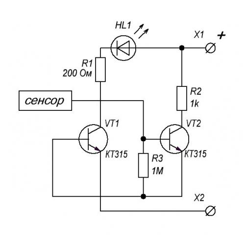 Сенсорный выключатель на 12 вольт своими руками. Сенсорный включатель на двух транзисторах