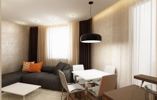 Двойные шторы коричневые и бежевые. Выгодные бежевые комбинации в гостиной