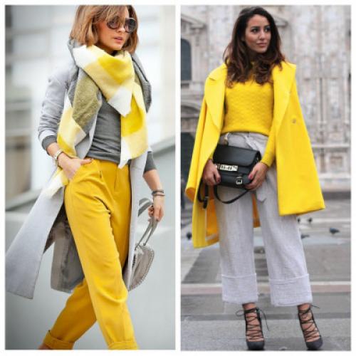 Сочетание жёлтого и серого в одежде. Серый и желтый – два главных цвета 2021 года, сочетания в одежде