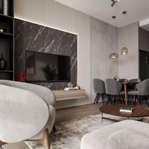 Современная лаконичная и элегантная кухня - гостиная площадью 18 м. 06