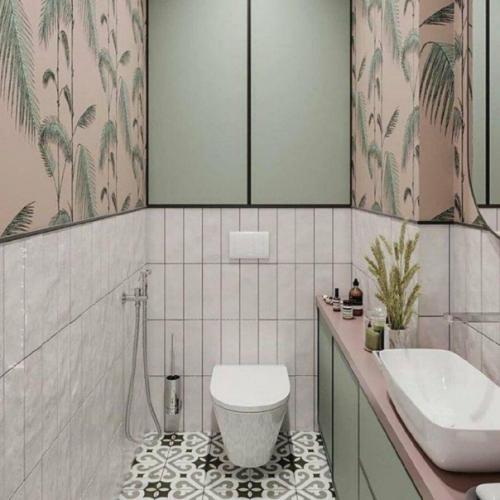 Интерьер небольшого санузла, несмотря на ограниченное пространство, может выглядеть по-разному исходя из цвета сантехники, отделки и материалов. 08