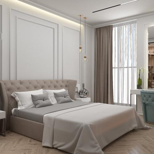 Узкая, вытянутая комната длиной 6 м, а шириной 3 м. фишка спальни - биокамин, который просматривается со стороны спальни и гостиной. 01