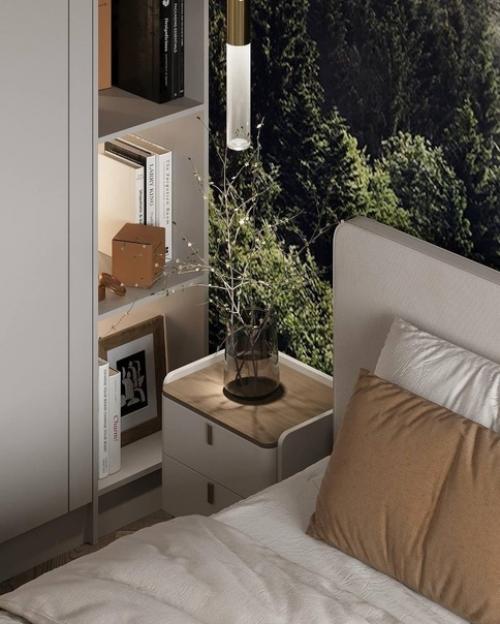 Сочетание акцентных обоев таинственного леса и современной классики в интерьере спальни. 08