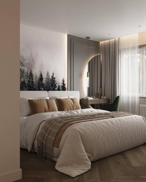 Сочетание акцентных обоев таинственного леса и современной классики в интерьере спальни. 02