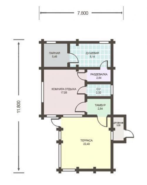 Баня из клееного бруса с большой комнатой отдыха и крытой террасой. 05