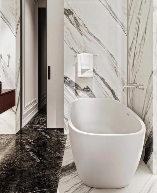 Спальня и ванная комната из проекта квартиры в стиле современная классика. 02