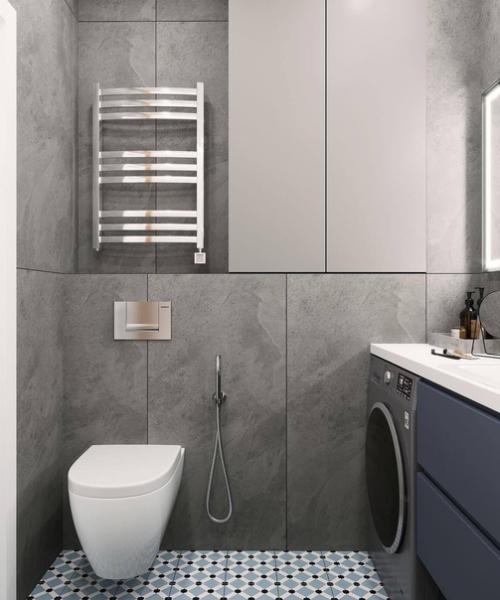 Сдержанный и стильный интерьер санузла с приятным сочетанием оттенков. 03