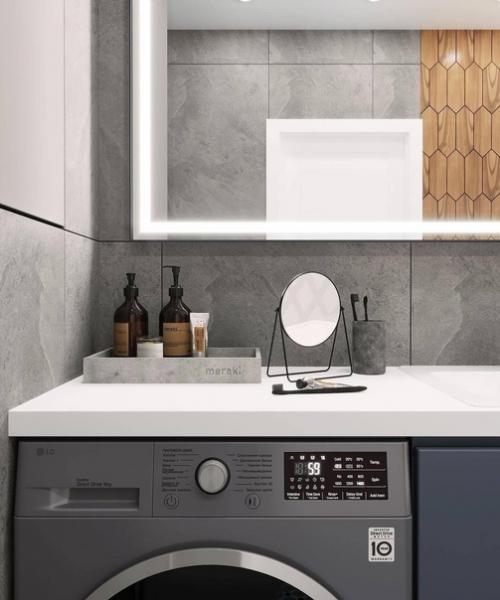 Сдержанный и стильный интерьер санузла с приятным сочетанием оттенков. 04