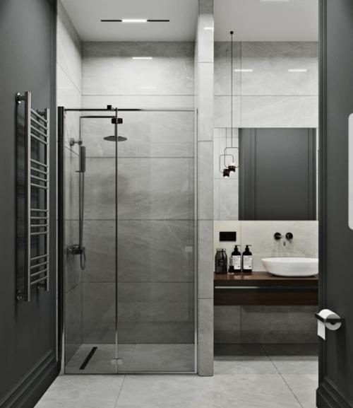 Черно - серый интерьер ванной комнаты с душевой. 01