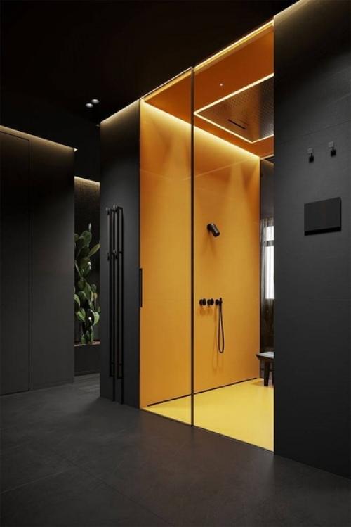 Интерьер ванной комнаты для любителей тёмных и цветных интерьеров. 02