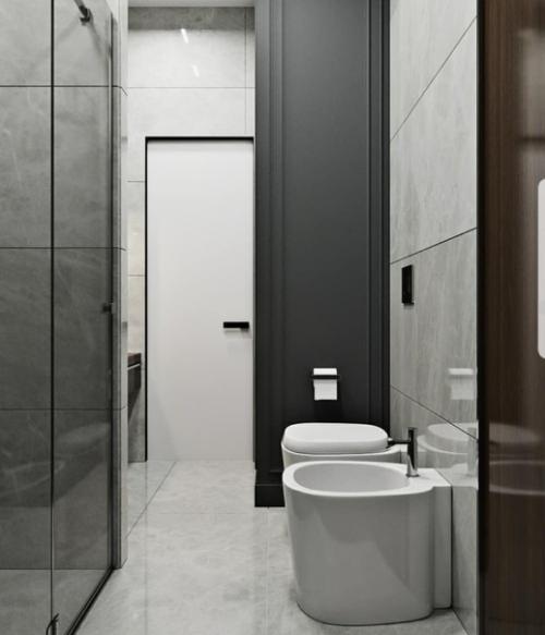 Черно - серый интерьер ванной комнаты с душевой. 02