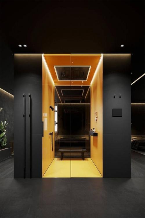 Интерьер ванной комнаты для любителей тёмных и цветных интерьеров. 03