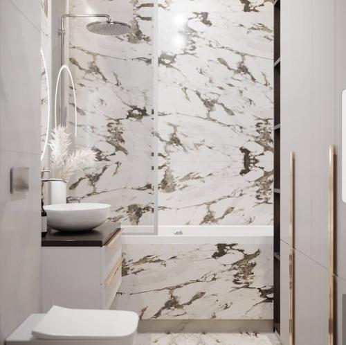 Светлый и стильный интерьер ванной комнаты, площадью 4. 8 кв. 01