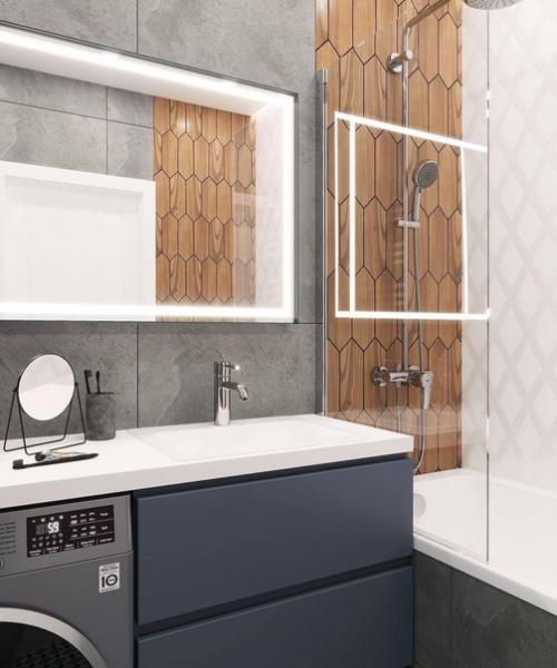 Сдержанный и стильный интерьер санузла с приятным сочетанием оттенков. 02