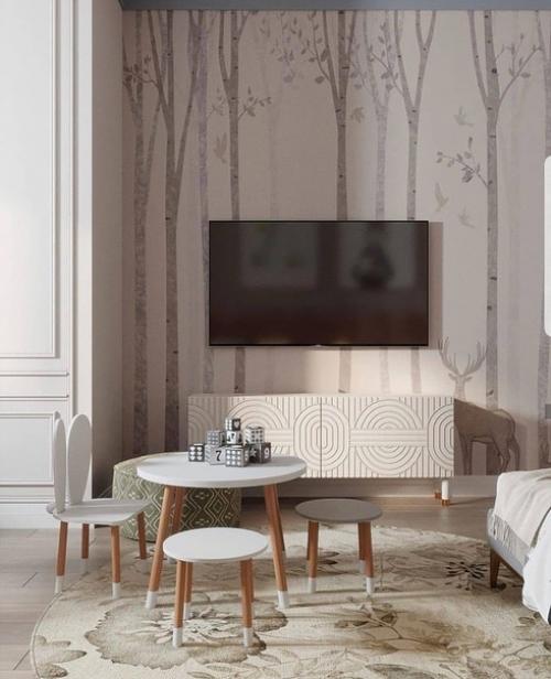 Интерьер детской комнаты в нежных пастельных тонах розового и бежевого. 04