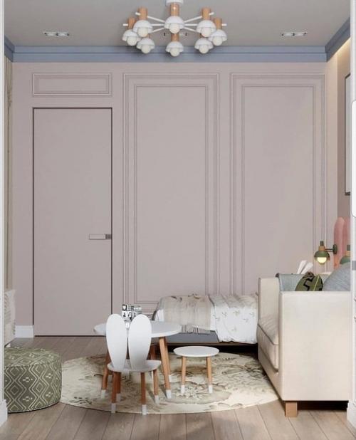 Интерьер детской комнаты в нежных пастельных тонах розового и бежевого. 03