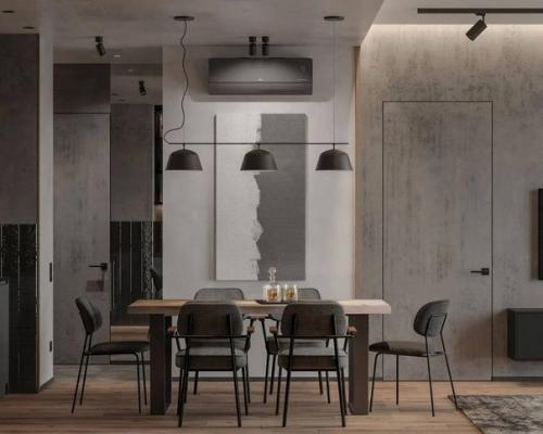 Интерьер кухни - гостиной в тёмных тонах площадью 26 м. как впм такое сочатение серого цвета с деревом и кирпичом? 01