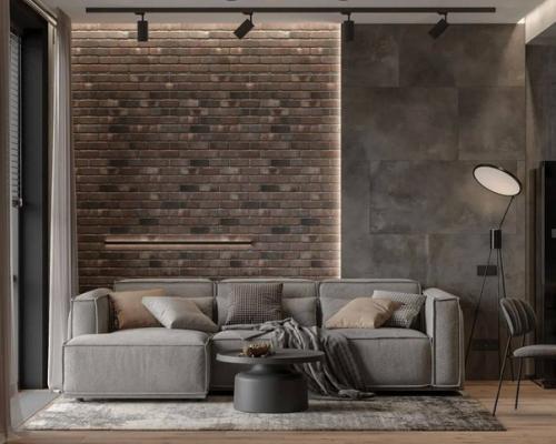 Интерьер кухни - гостиной в тёмных тонах площадью 26 м. как впм такое сочатение серого цвета с деревом и кирпичом? 04