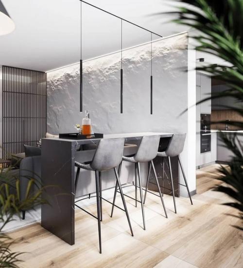 Стильный современный интерьер просторной квартиры с большим количеством естественного света. 02