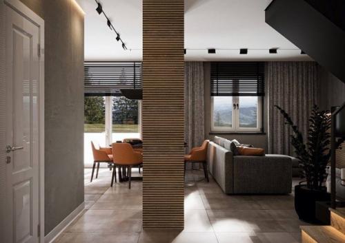 Интерьер загородного дома со стильным современным сочетанием оттенков и декором. 05