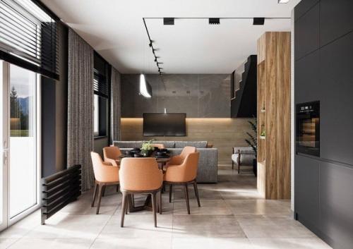 Интерьер загородного дома со стильным современным сочетанием оттенков и декором. 09