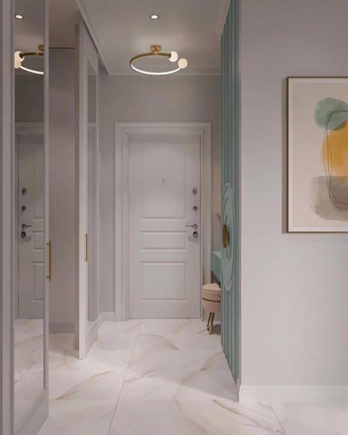 Как вам этот дизайн нежной прихожей в цвете Тиффани с продуманной и большой системой хранения? 03
