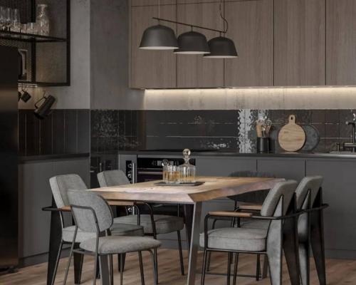 Интерьер кухни - гостиной в тёмных тонах площадью 26 м. как впм такое сочатение серого цвета с деревом и кирпичом? 02