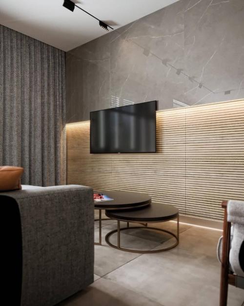 Интерьер загородного дома со стильным современным сочетанием оттенков и декором. 03