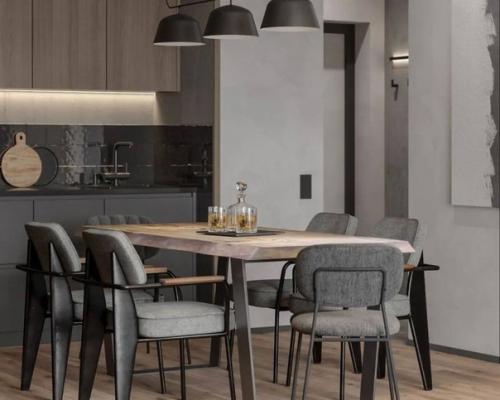 Интерьер кухни - гостиной в тёмных тонах площадью 26 м. как впм такое сочатение серого цвета с деревом и кирпичом? 03