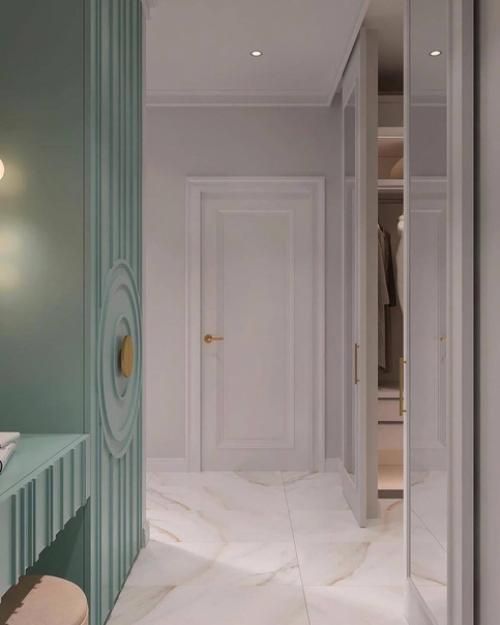 Как вам этот дизайн нежной прихожей в цвете Тиффани с продуманной и большой системой хранения? 01