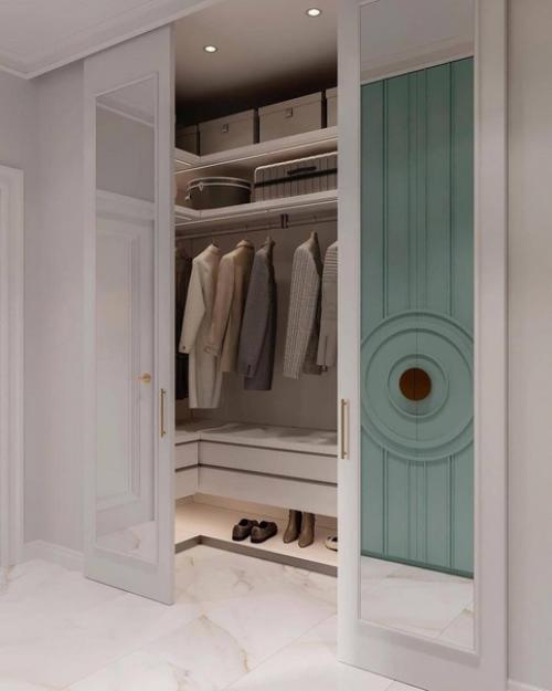 Как вам этот дизайн нежной прихожей в цвете Тиффани с продуманной и большой системой хранения? 04