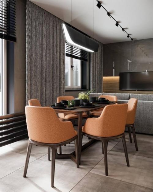 Интерьер загородного дома со стильным современным сочетанием оттенков и декором. 01