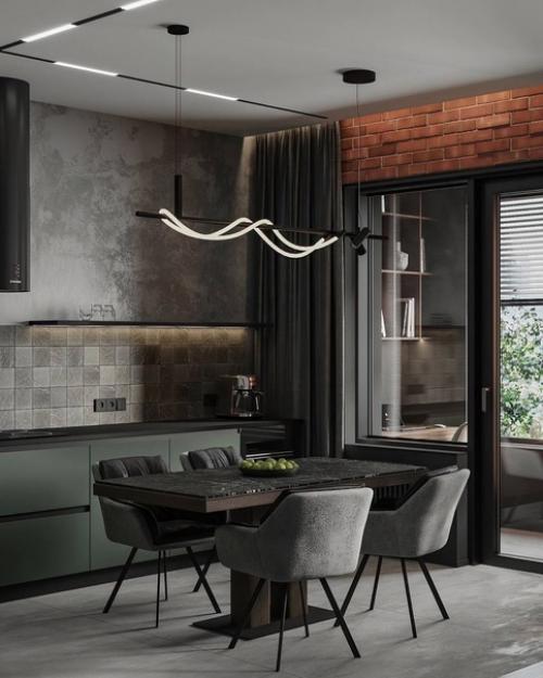 Интерьер кухни гостиной в стиле лофт, площадь помещения 30 кв. 03