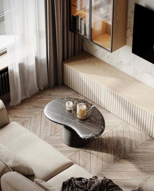 Современный интерьер уютной кухни - гостиной в светлых тонах. 04