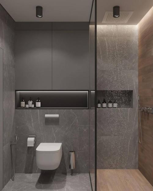 Стильный и строгий интерьер санузла с душевой. 01