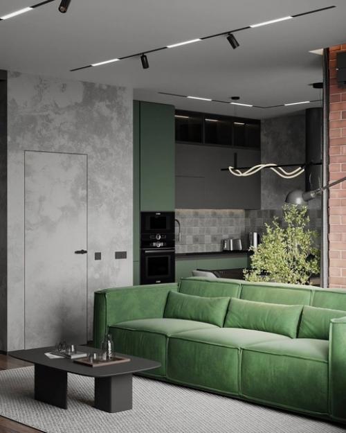 Интерьер кухни гостиной в стиле лофт, площадь помещения 30 кв. 06