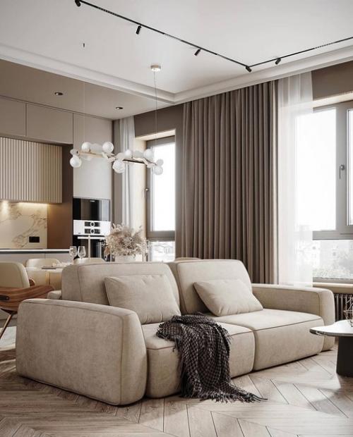 Современный интерьер уютной кухни - гостиной в светлых тонах. 02