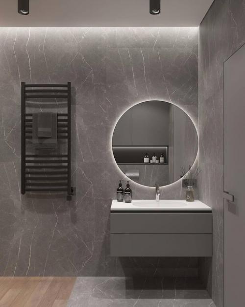 Стильный и строгий интерьер санузла с душевой. 02