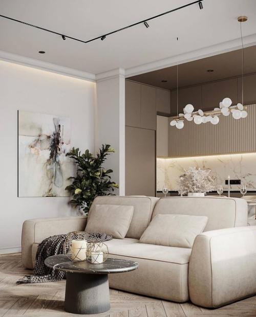 Современный интерьер уютной кухни - гостиной в светлых тонах. 01