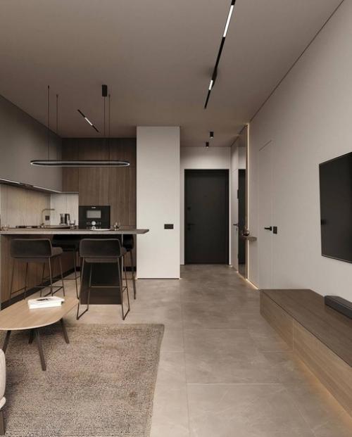 Современный интерьер однокомнатной квартиры в светлых тонах. 01