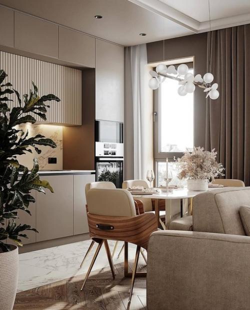 Современный интерьер уютной кухни - гостиной в светлых тонах. 03