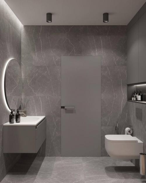 Стильный и строгий интерьер санузла с душевой. 03