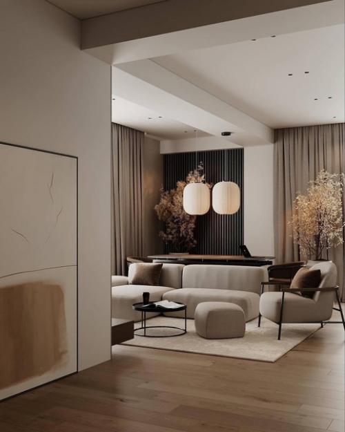 Интерьер кухни - гостиной в тёплых оттенках, тёмные приглушенные оттенки и мягкий свет создают атмосферу спокойствия и умиротворения. 02