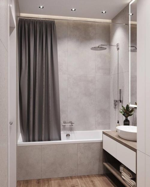 Стильный интерьер просторного санузла с приятным сочетанием фактур и цветов. 01